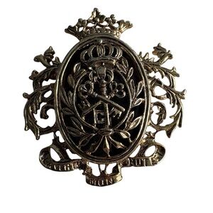 Vintage Coat of Arms Crest Medallion Brooch Crown and Crossed Keys with Banner